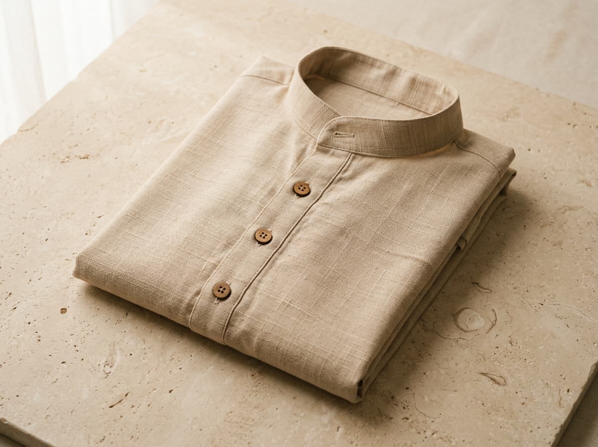 Neatly folded cotton kurta with wooden buttons on a clean cream stone surface